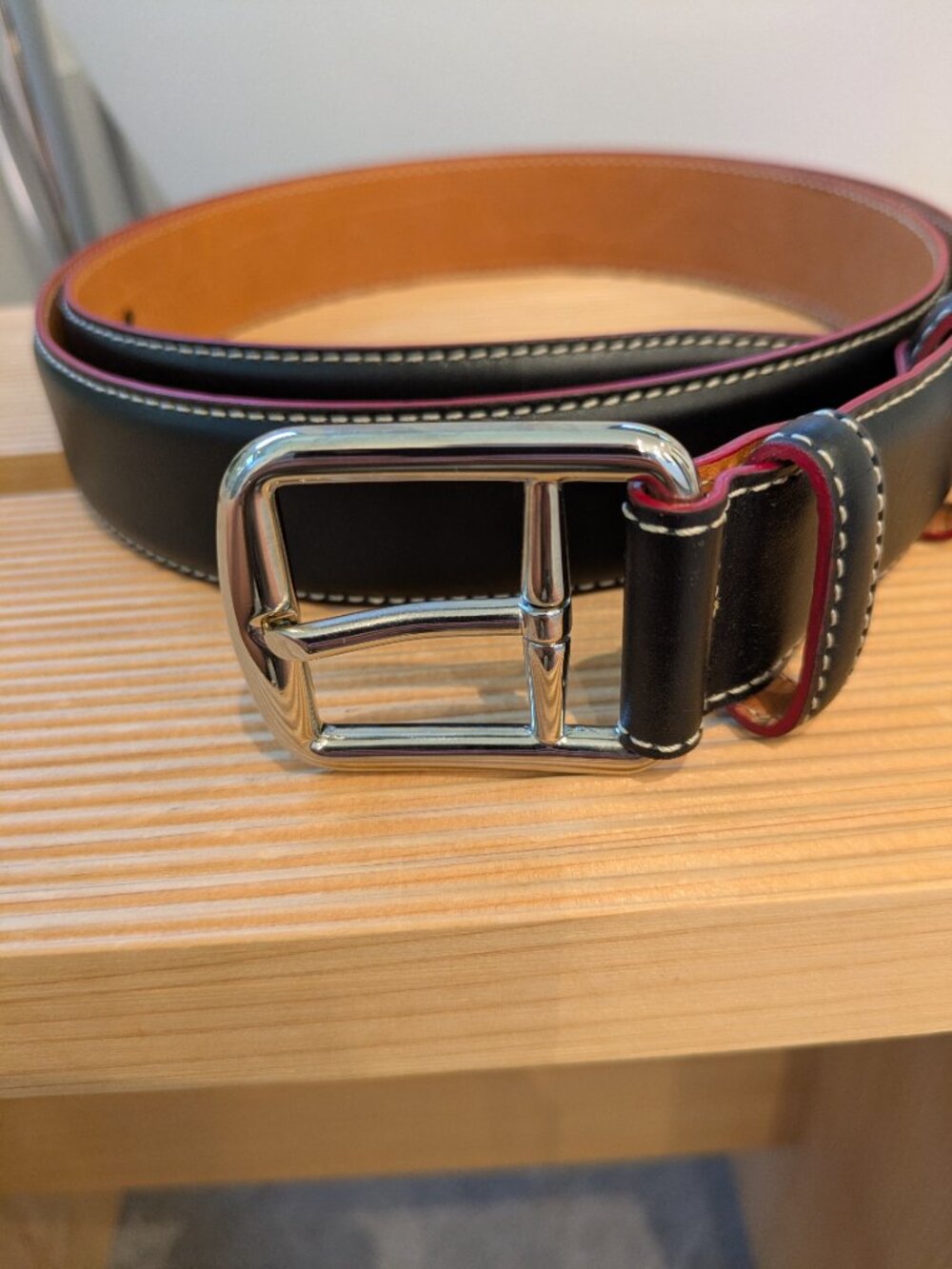 Authentic Ferrari Men's Black Italian Leather Belt w/ Contrast Stitching XL
